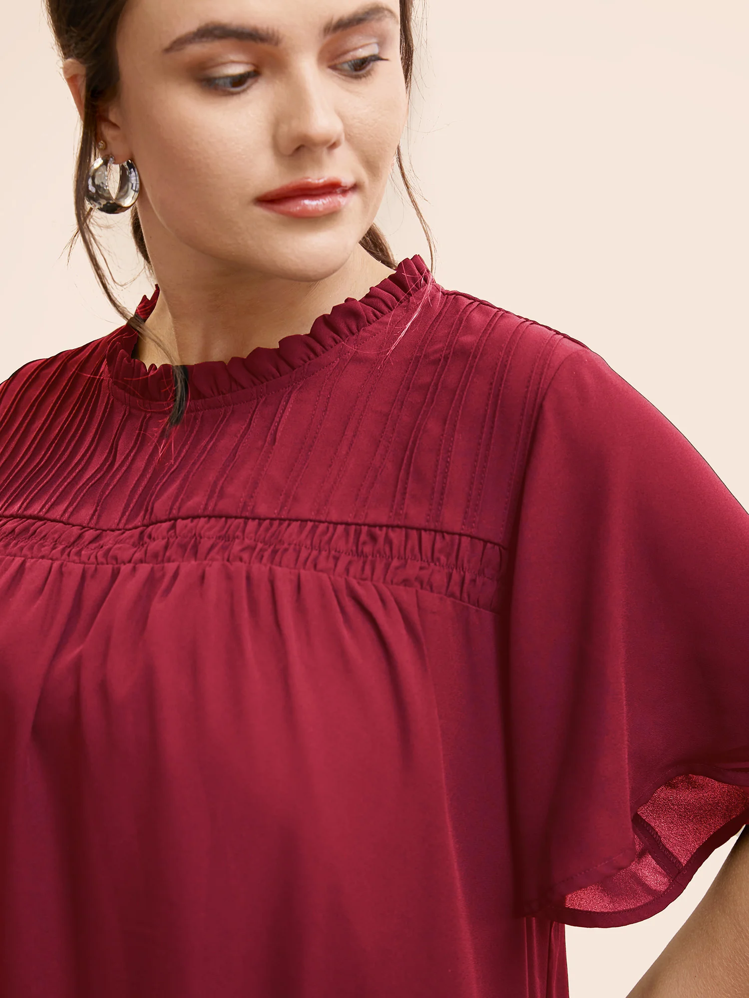 Anti-Wrinkle Shirred Ruffle Sleeve Mesh Frill Trim Blouse - Image 14
