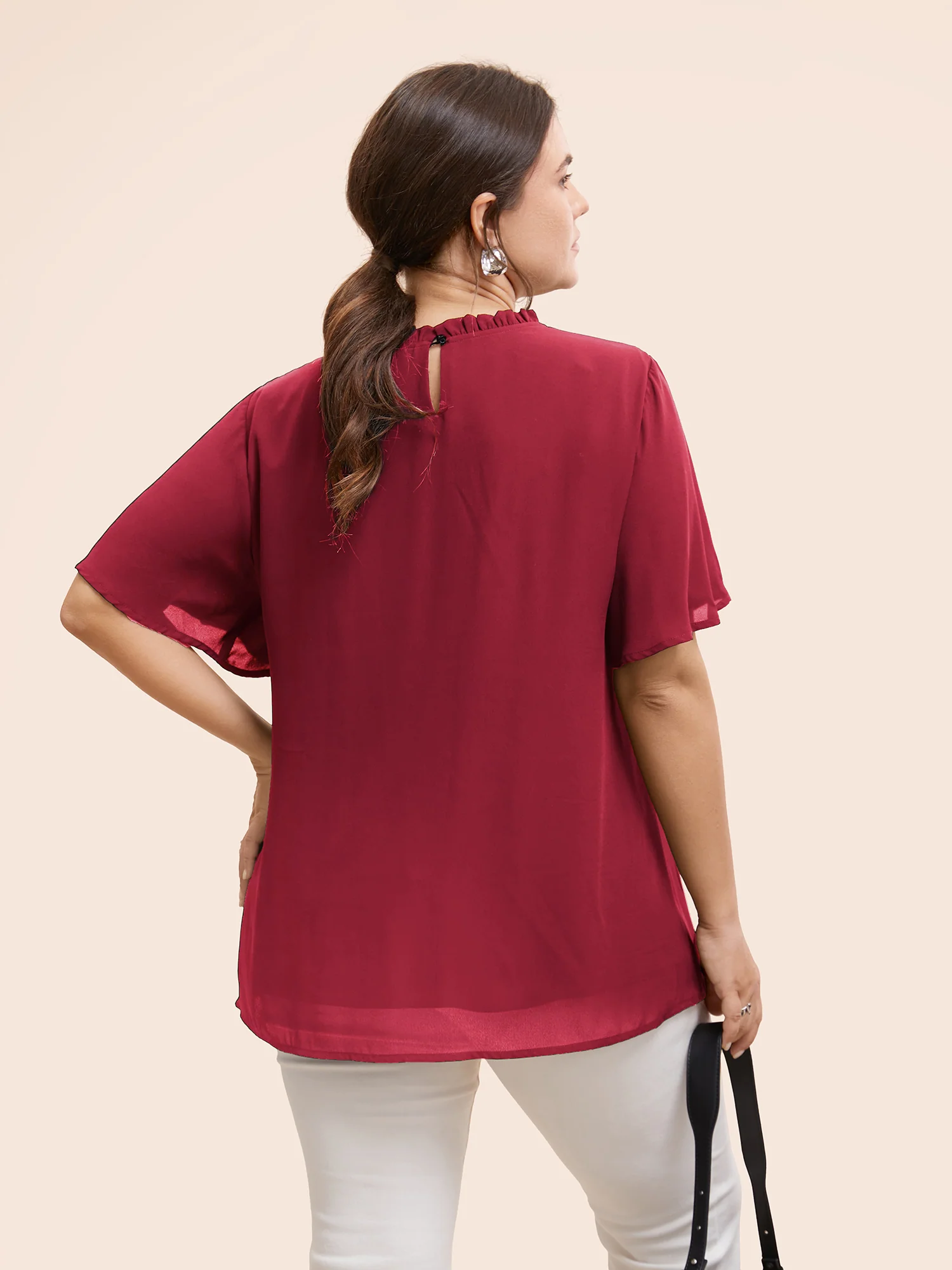 Anti-Wrinkle Shirred Ruffle Sleeve Mesh Frill Trim Blouse - Image 15
