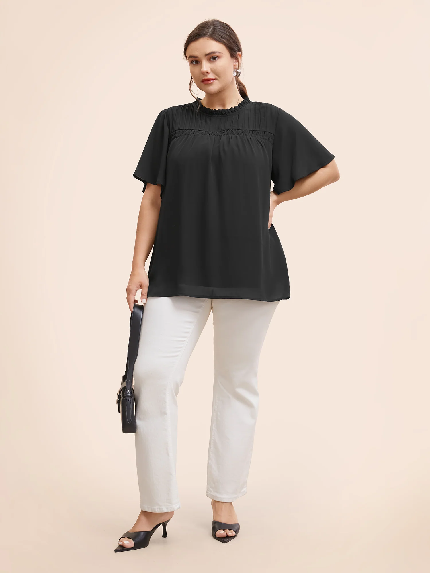 Anti-Wrinkle Shirred Ruffle Sleeve Mesh Frill Trim Blouse - Image 2