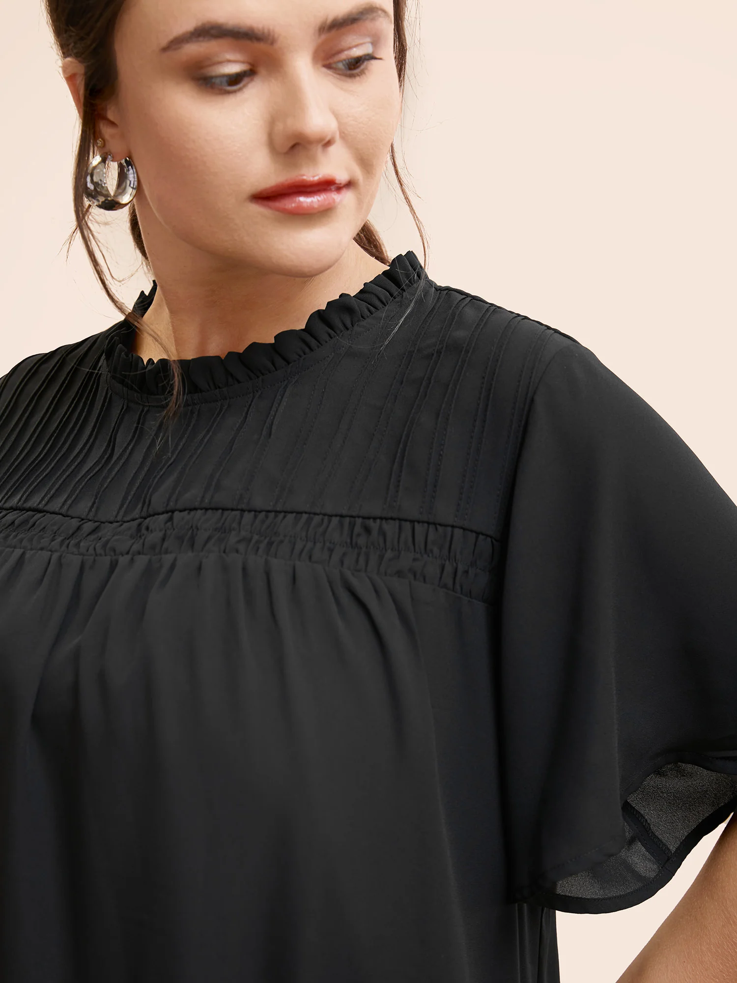 Anti-Wrinkle Shirred Ruffle Sleeve Mesh Frill Trim Blouse - Image 3