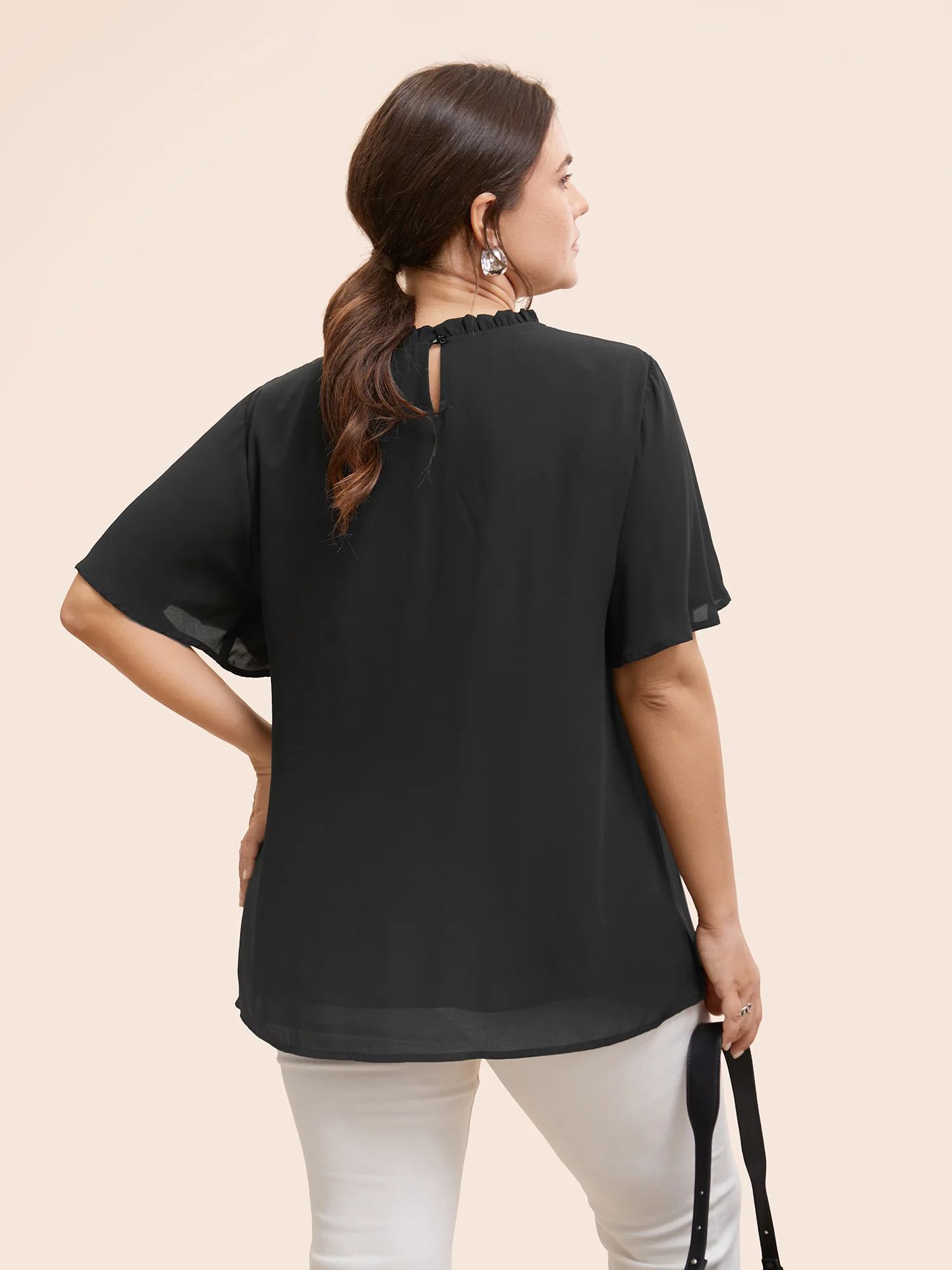 Anti-Wrinkle Shirred Ruffle Sleeve Mesh Frill Trim Blouse - Image 4
