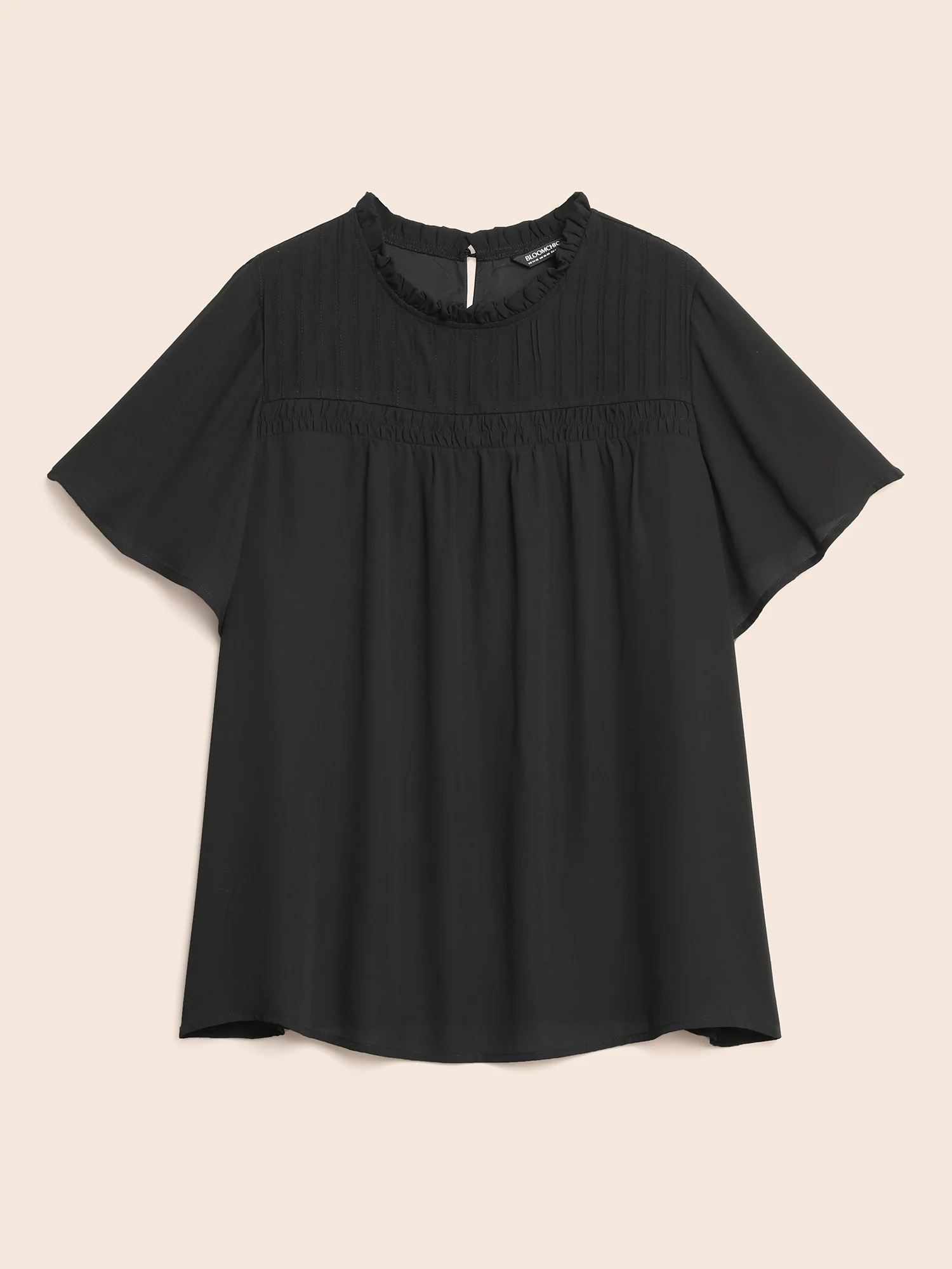 Anti-Wrinkle Shirred Ruffle Sleeve Mesh Frill Trim Blouse - Image 7