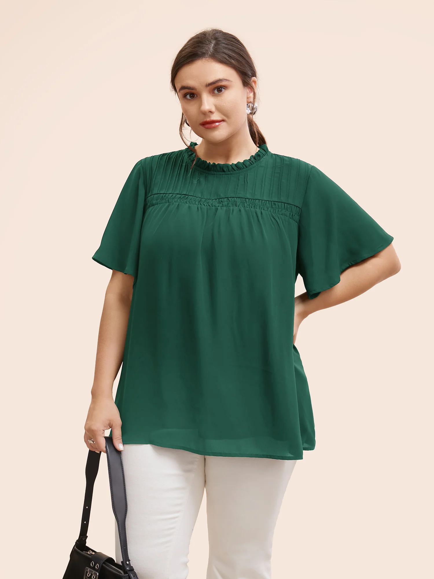 Anti-Wrinkle Shirred Ruffle Sleeve Mesh Frill Trim Blouse - Image 8
