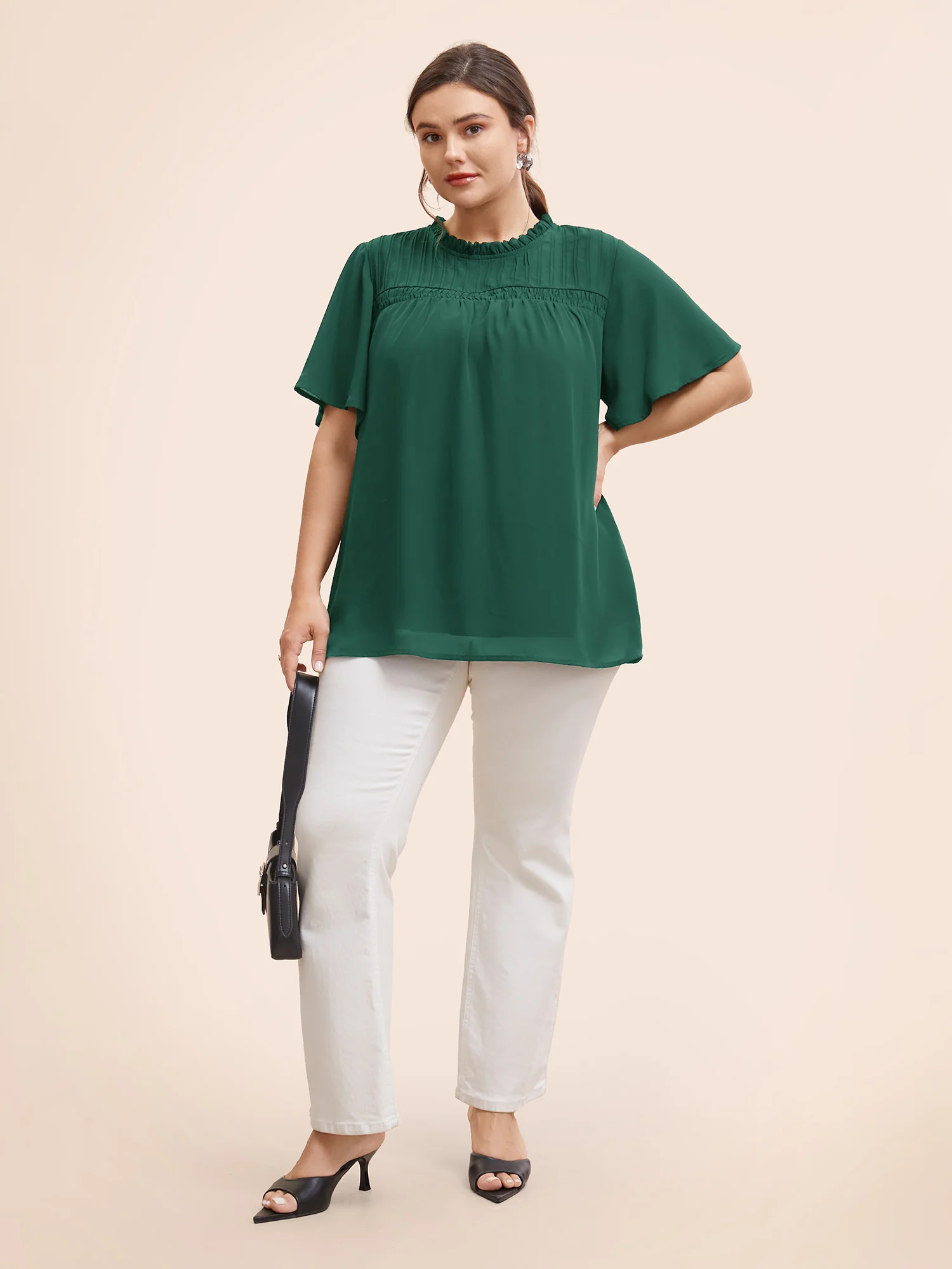 Anti-Wrinkle Shirred Ruffle Sleeve Mesh Frill Trim Blouse - Image 9