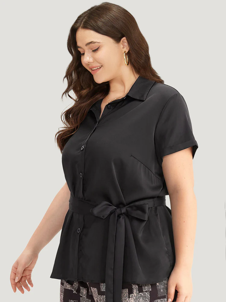 Shirt Collar Belted Button Through Woven Top - Image 2
