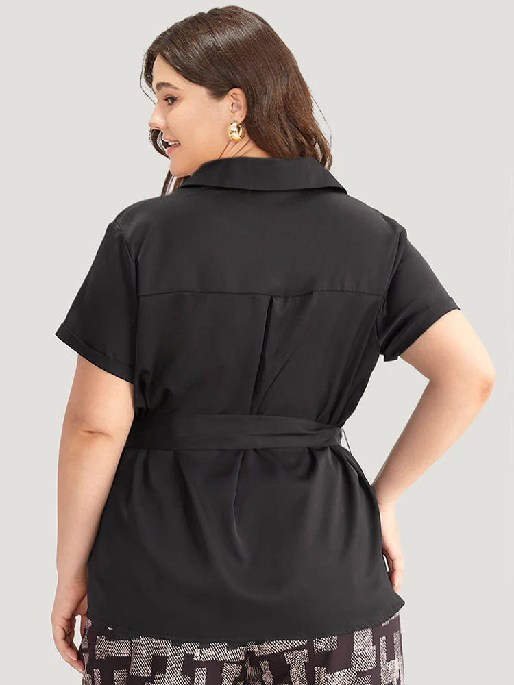 Shirt Collar Belted Button Through Woven Top - Image 3