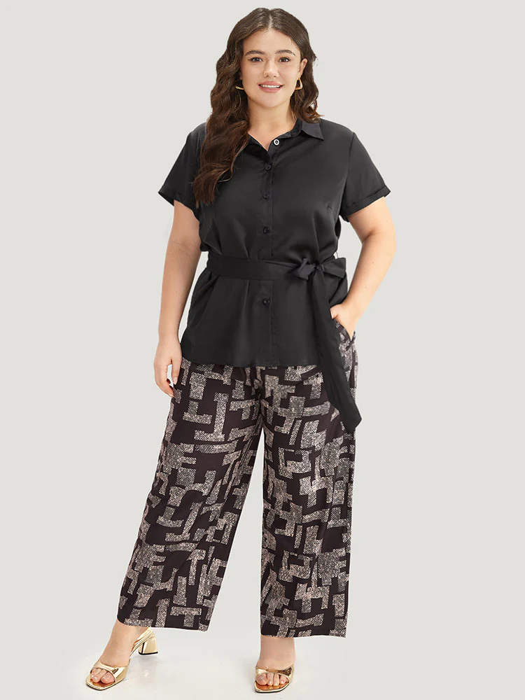 Shirt Collar Belted Button Through Woven Top - Image 4