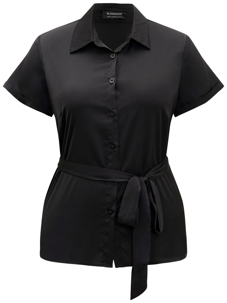 Shirt Collar Belted Button Through Woven Top - Image 7
