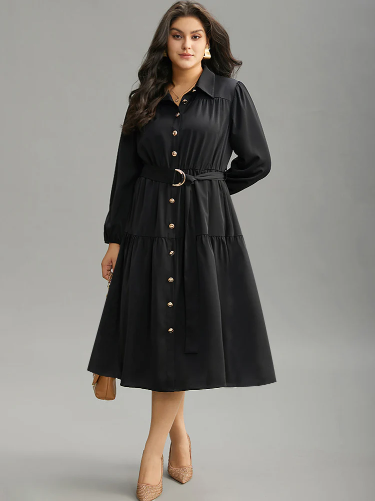 Anti-Wrinkle Shirt Collar Belted Metal Detail Dress - Image 2