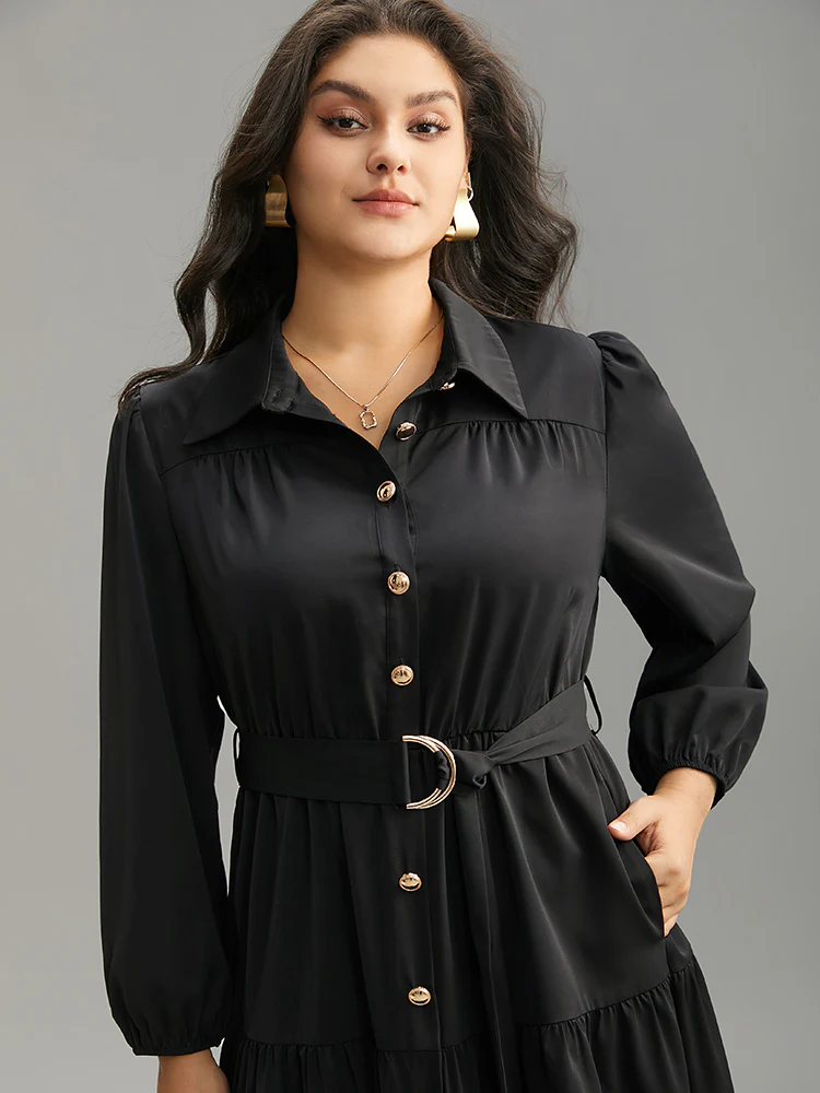 Anti-Wrinkle Shirt Collar Belted Metal Detail Dress - Image 4