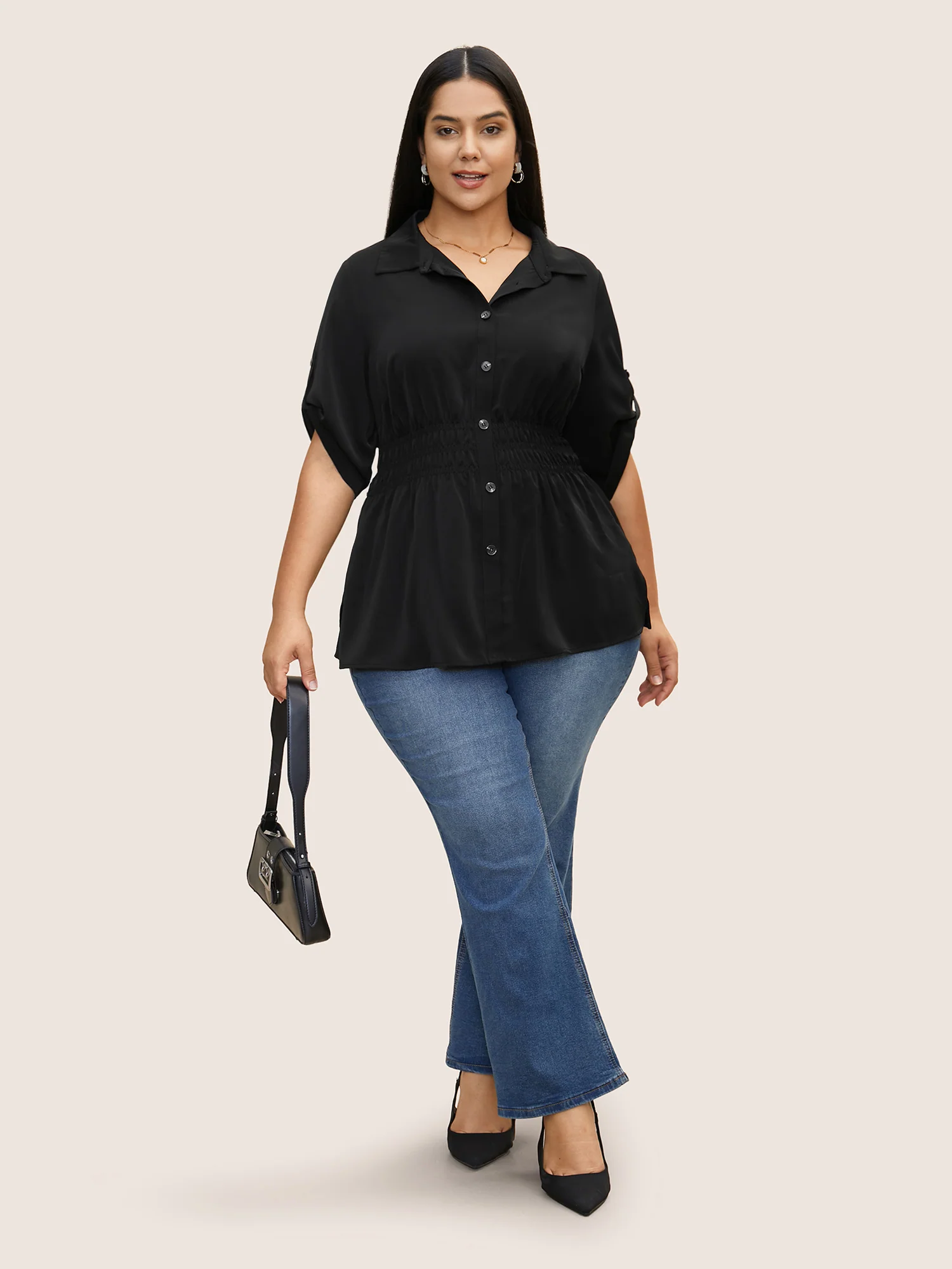 Shirt Collar Button Cuff Sleeve Blouse - Image 2