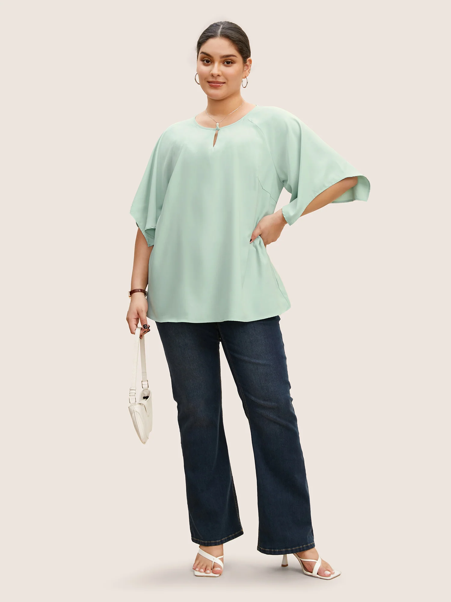 Solid Raglan Sleeve Keyhole Button Up Blouse - Image 3