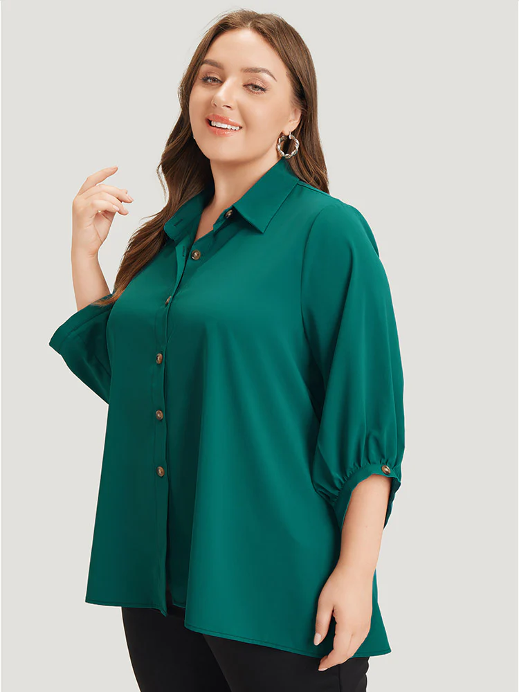 Anti-Wrinkle Solid Shirt Collar Lantern Sleeve Button Up Blouse - Image 3