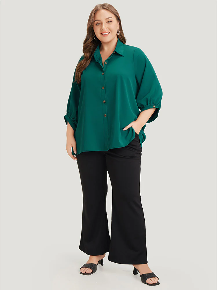 Anti-Wrinkle Solid Shirt Collar Lantern Sleeve Button Up Blouse - Image 4