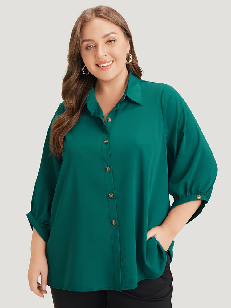Anti-Wrinkle Solid Shirt Collar Lantern Sleeve Button Up Blouse - Image 5