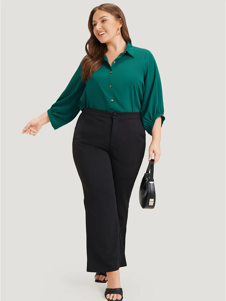 Anti-Wrinkle Solid Shirt Collar Lantern Sleeve Button Up Blouse - Image 6
