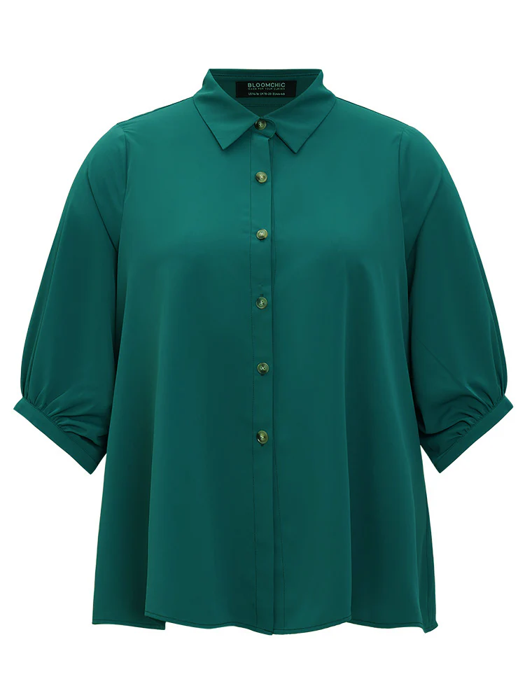 Anti-Wrinkle Solid Shirt Collar Lantern Sleeve Button Up Blouse - Image 9
