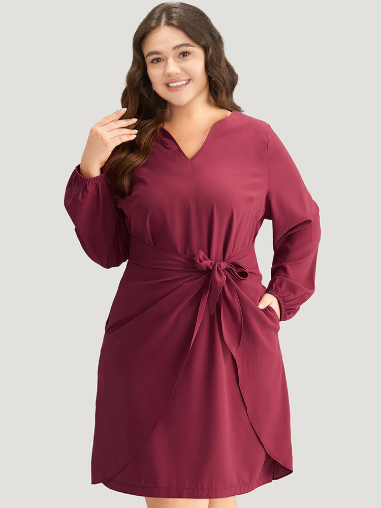 Anti-Wrinkle Solid Ties Lantern Sleeve Dress - Image 2