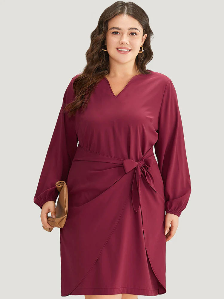 Anti-Wrinkle Solid Ties Lantern Sleeve Dress - Image 3
