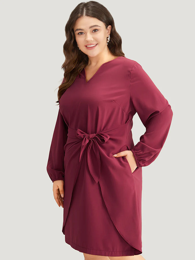 Anti-Wrinkle Solid Ties Lantern Sleeve Dress - Image 4