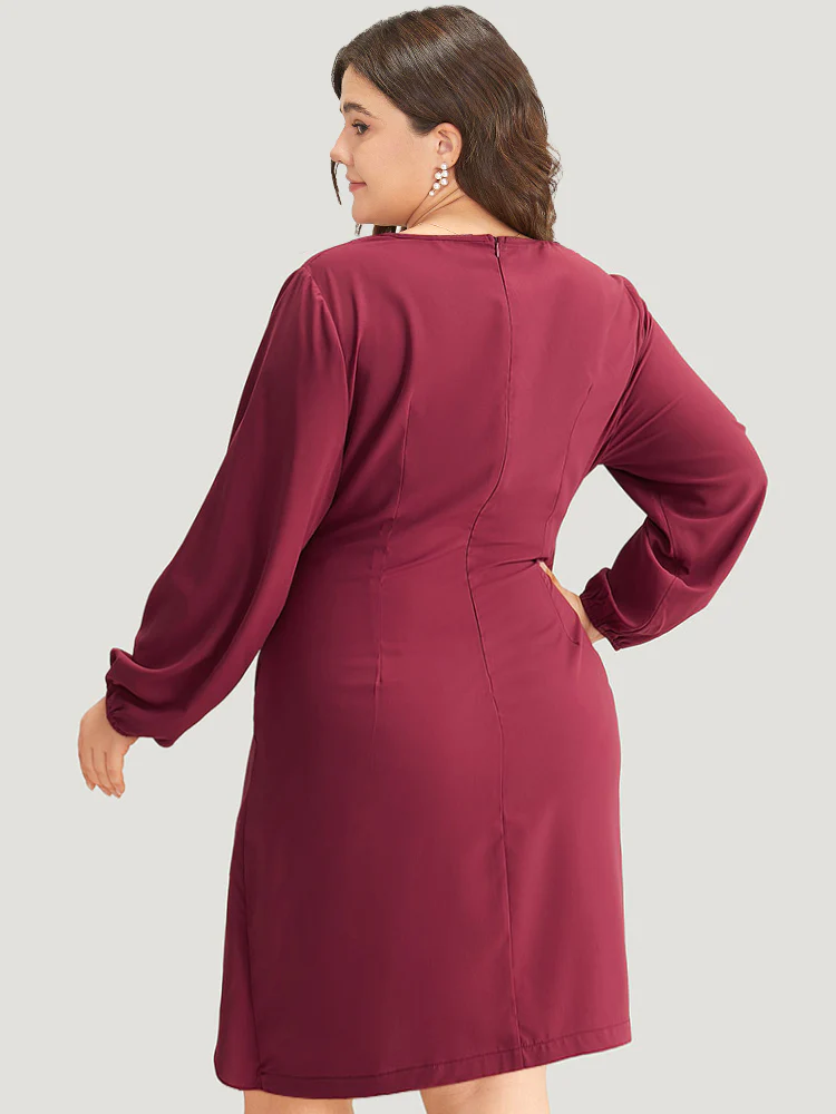 Anti-Wrinkle Solid Ties Lantern Sleeve Dress - Image 5