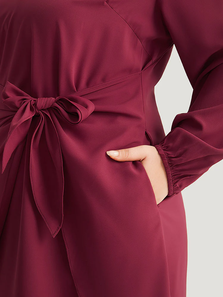 Anti-Wrinkle Solid Ties Lantern Sleeve Dress - Image 7
