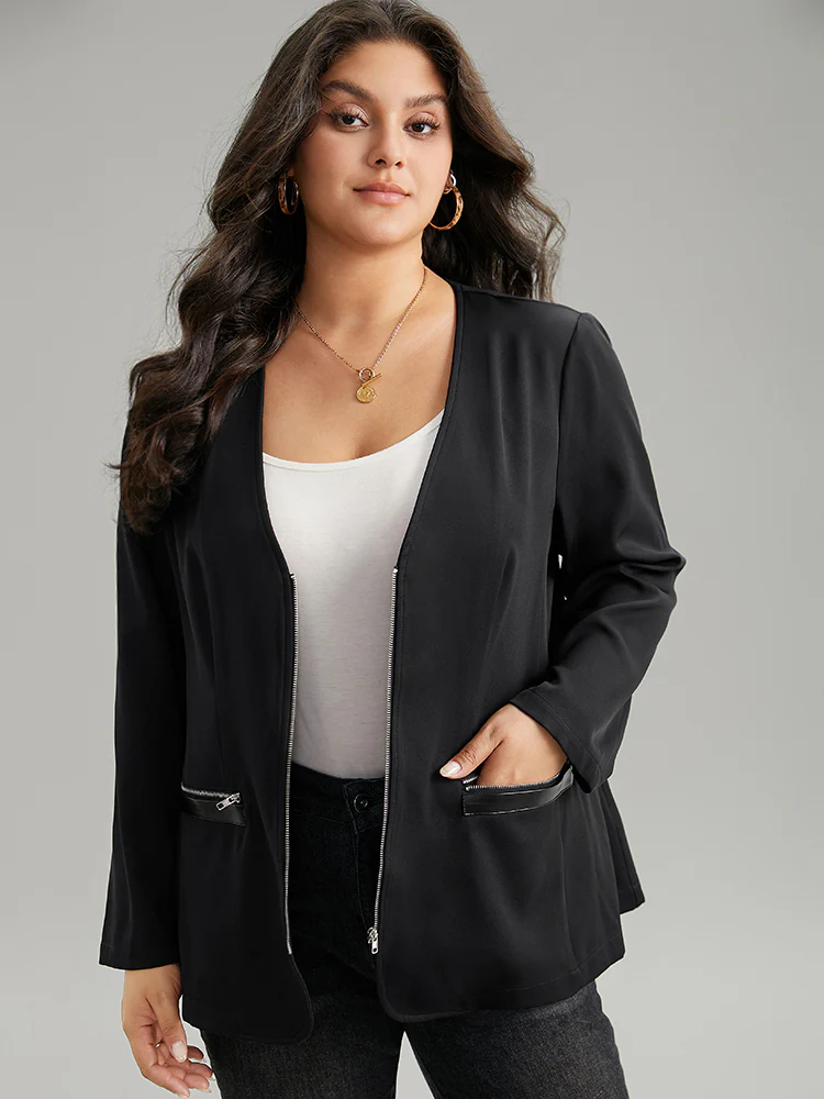Solid Zipper Fly Pocket Blazer