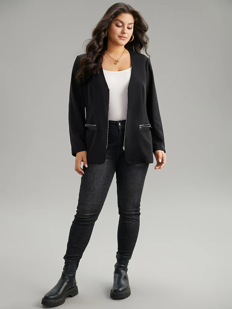 Solid Zipper Fly Pocket Blazer - Image 3