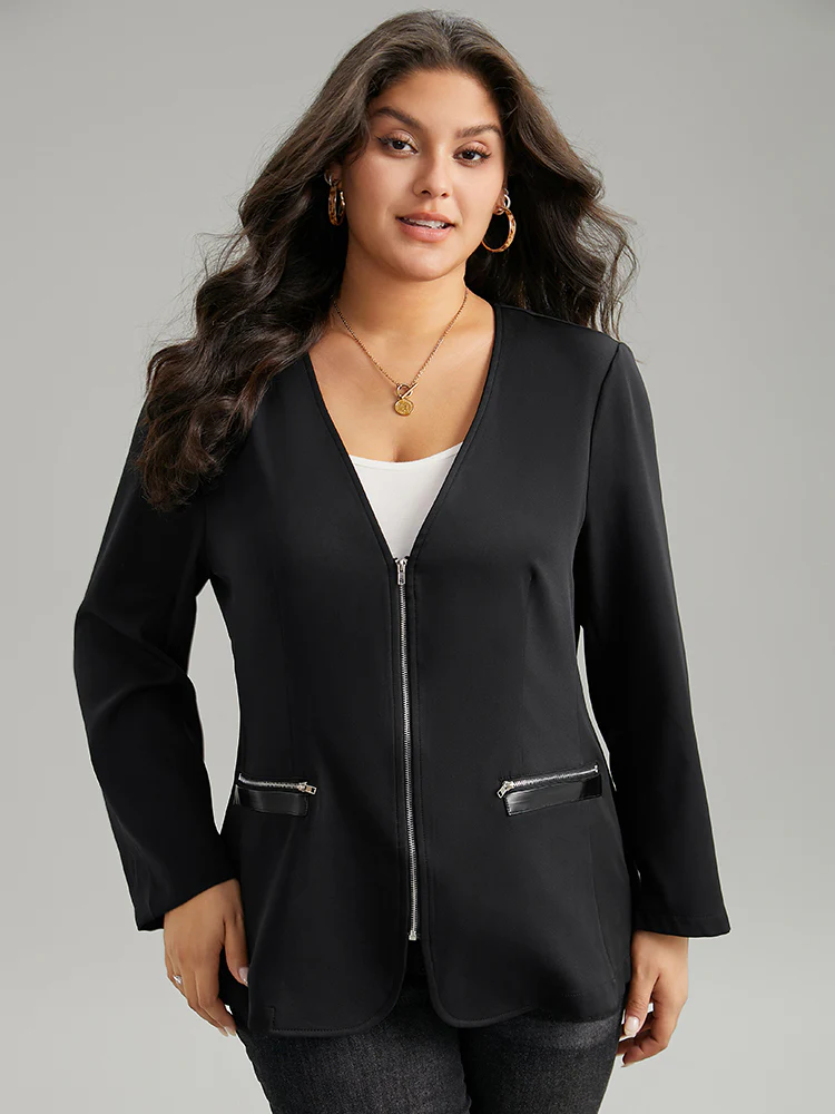 Solid Zipper Fly Pocket Blazer - Image 4
