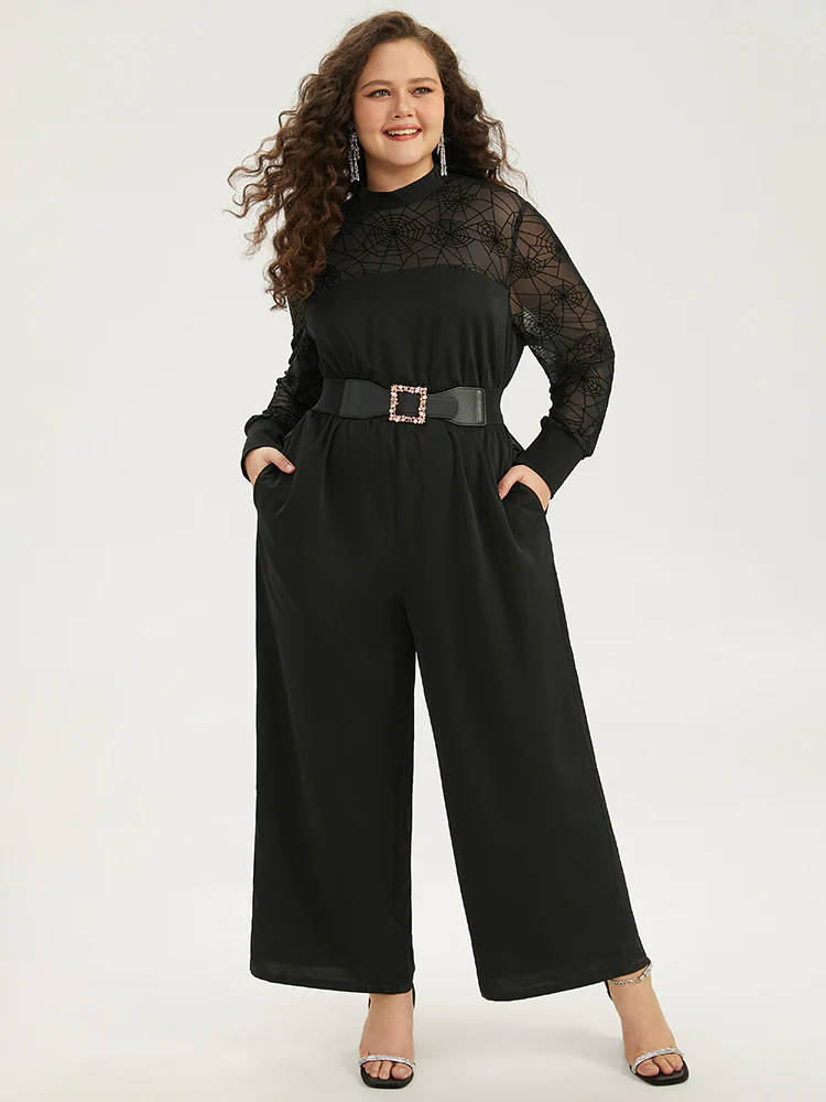 Anti-Wrinkle Spider Web Crochet Lace Mesh Jumpsuit