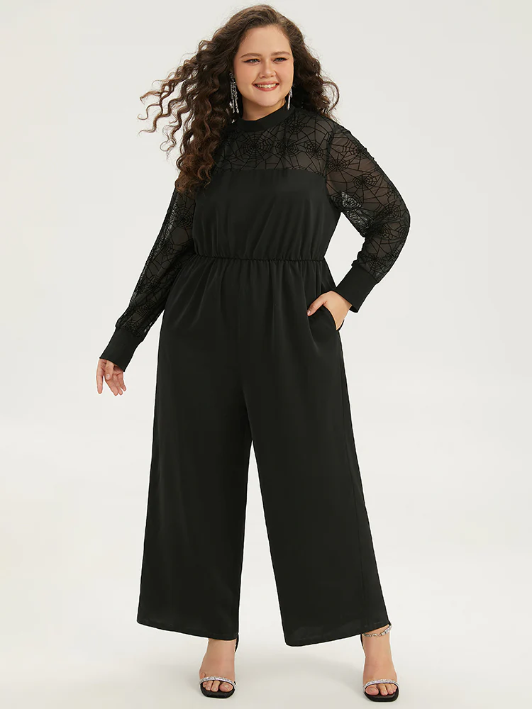 Anti-Wrinkle Spider Web Crochet Lace Mesh Jumpsuit - Image 2