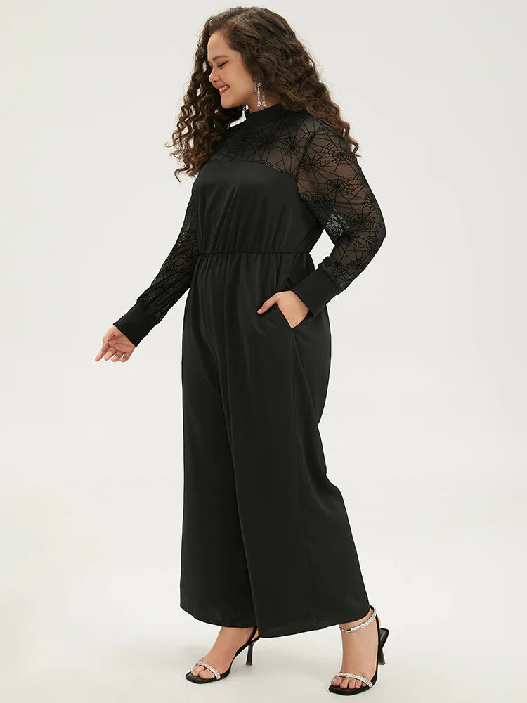 Anti-Wrinkle Spider Web Crochet Lace Mesh Jumpsuit - Image 3
