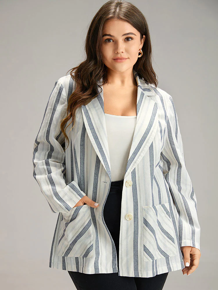 Striped Suit Collar Pocket Blazer - Image 2