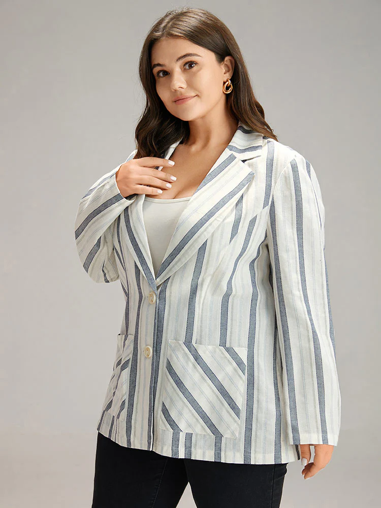 Striped Suit Collar Pocket Blazer - Image 3