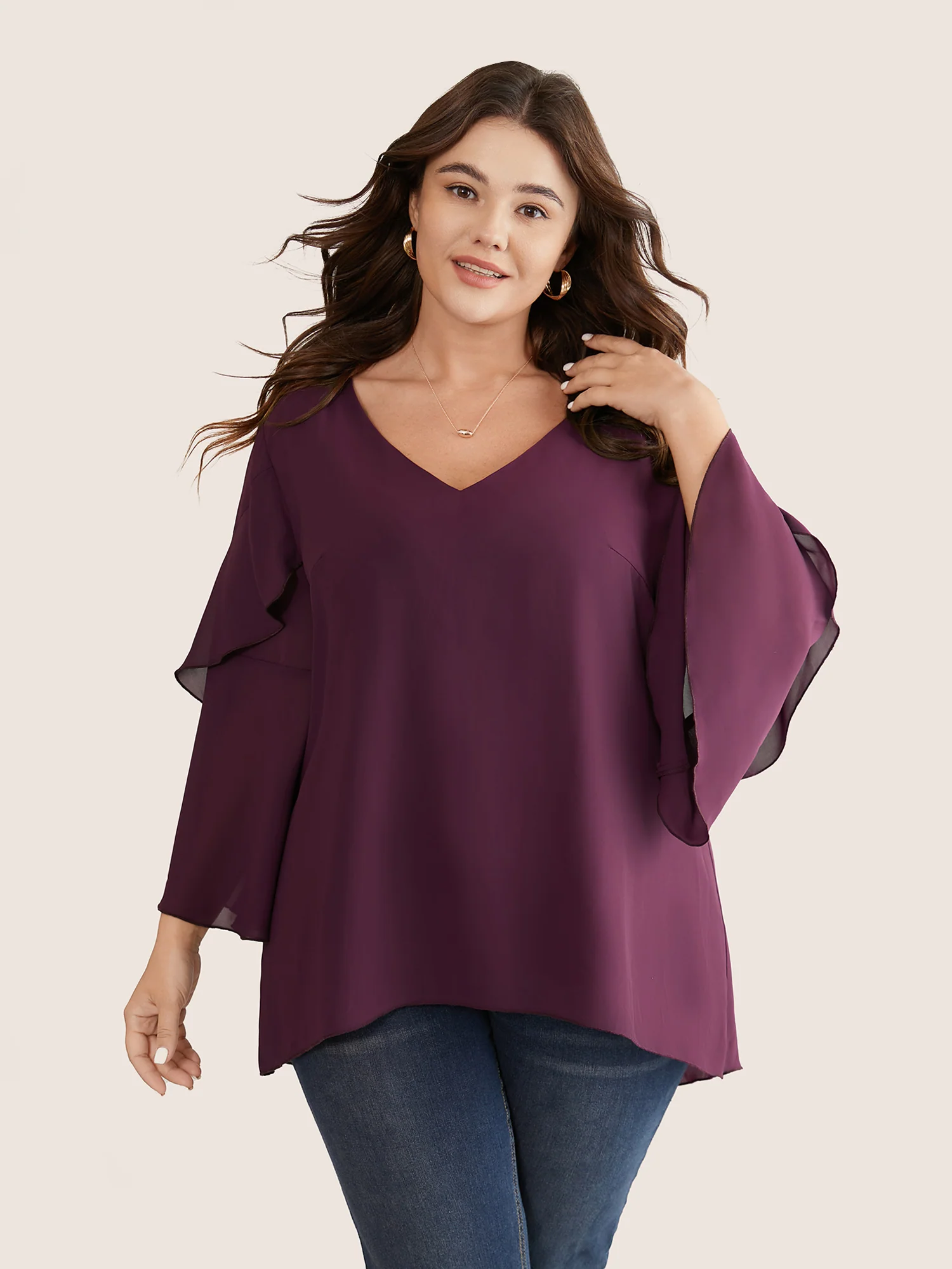 Anti-Wrinkle Tiered Flounce Sleeve Chiffon Blouse - Image 5