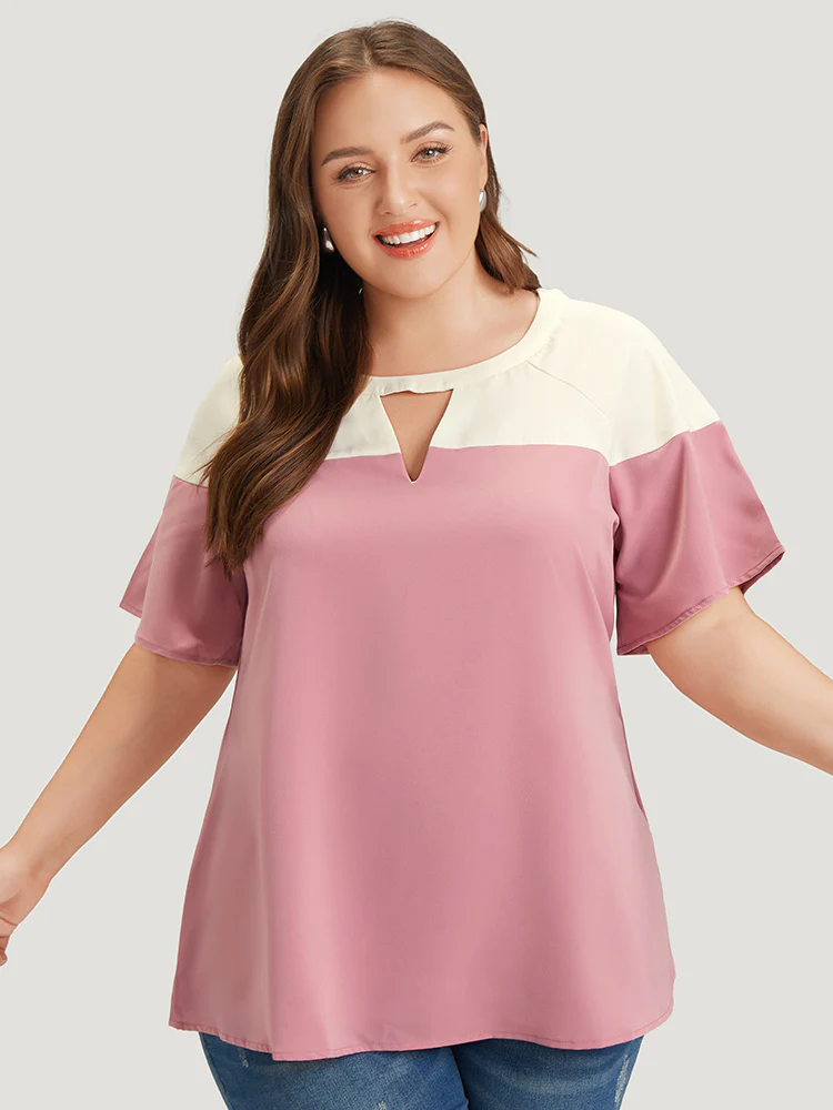 Anti-Wrinkle Two Tone Keyhole Raglan Sleeve Blouse - Image 2