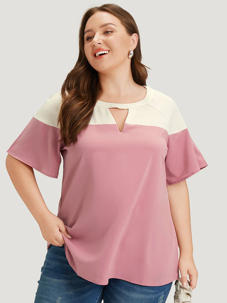 Anti-Wrinkle Two Tone Keyhole Raglan Sleeve Blouse - Image 3