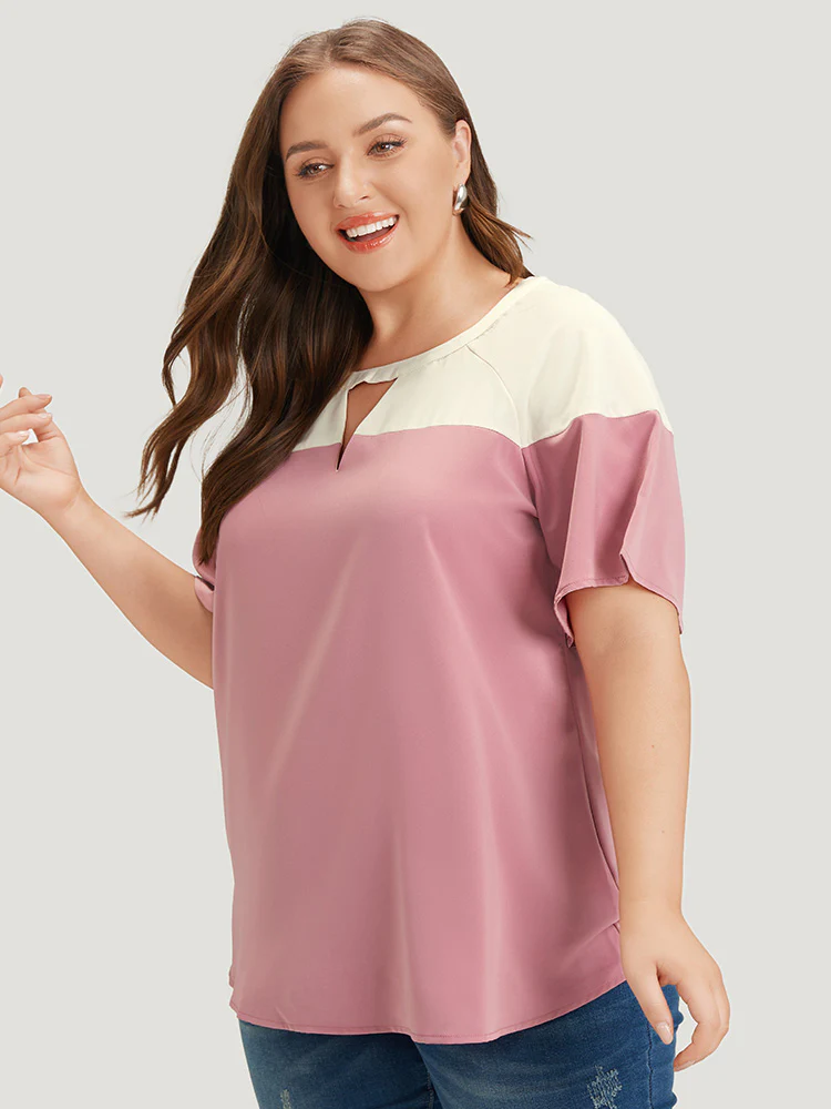 Anti-Wrinkle Two Tone Keyhole Raglan Sleeve Blouse - Image 4