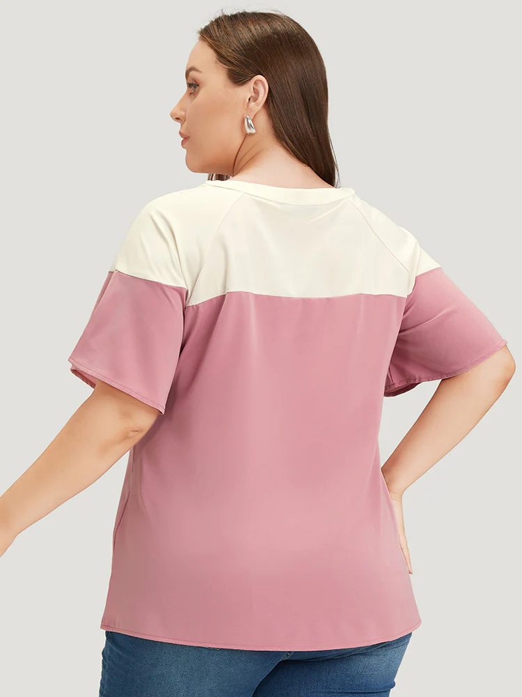 Anti-Wrinkle Two Tone Keyhole Raglan Sleeve Blouse - Image 5