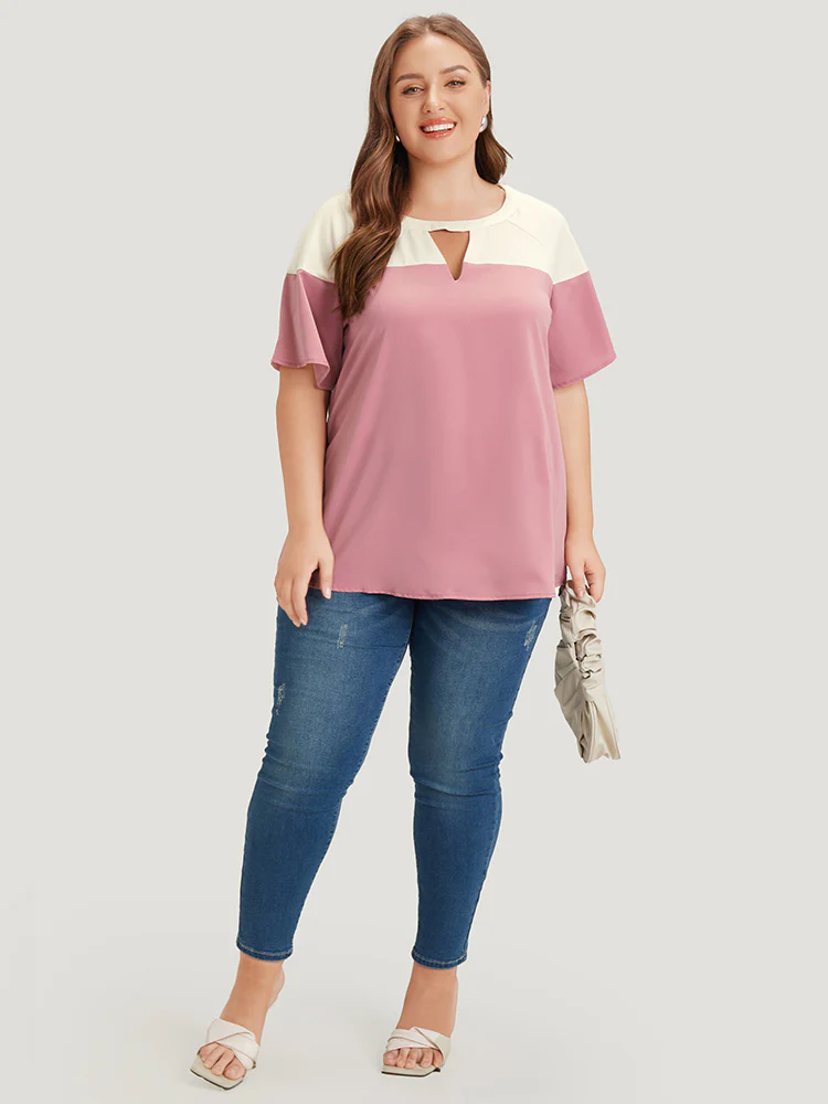 Anti-Wrinkle Two Tone Keyhole Raglan Sleeve Blouse - Image 6