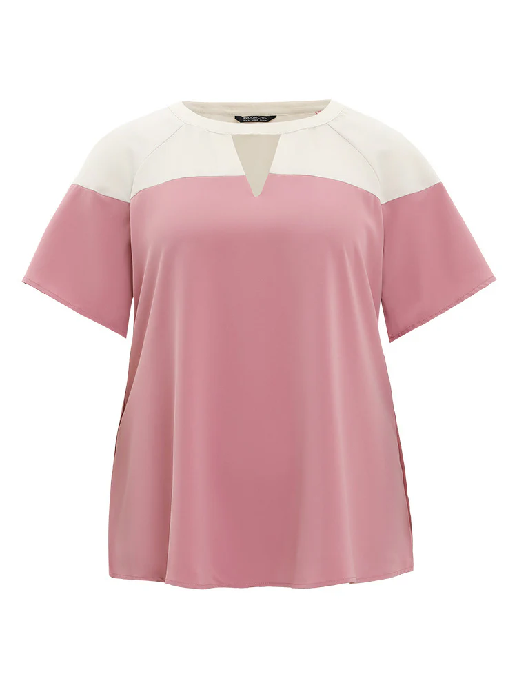Anti-Wrinkle Two Tone Keyhole Raglan Sleeve Blouse - Image 9