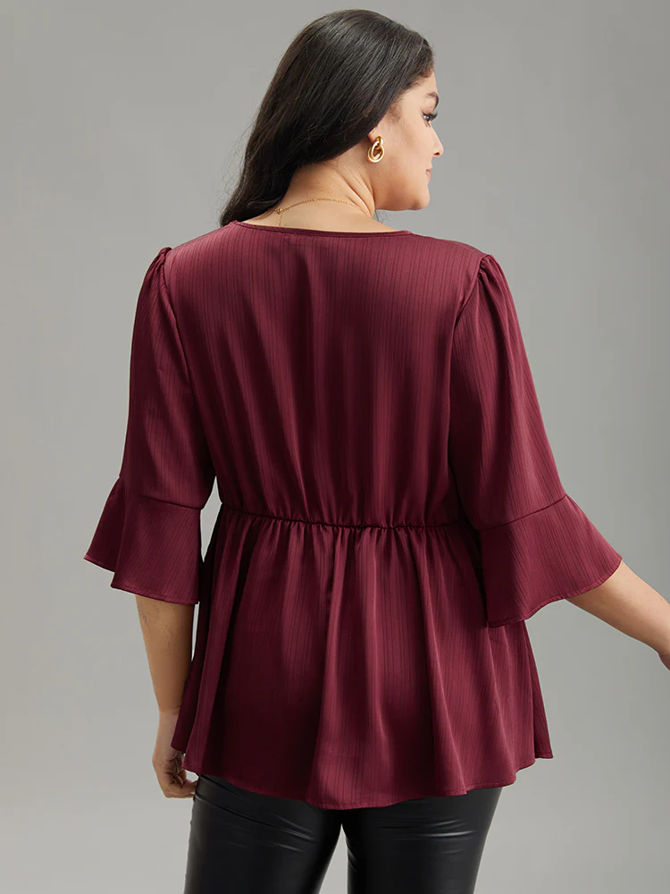 Anti-Wrinkle V Neck Gathered Ruffle Sleeve Blouse - Image 2