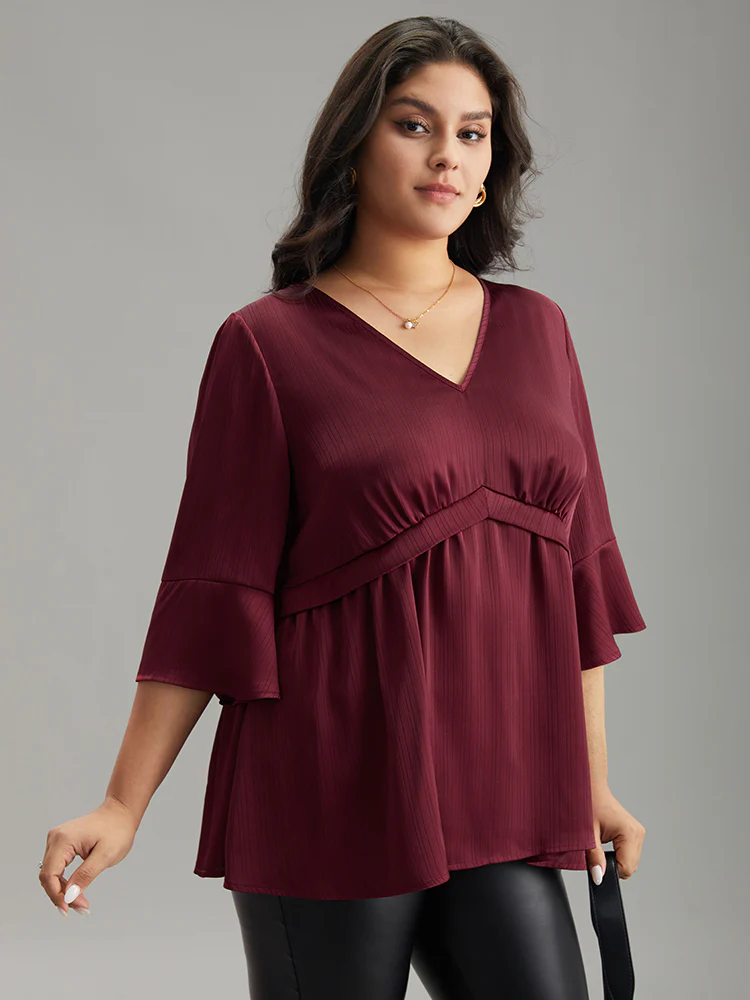 Anti-Wrinkle V Neck Gathered Ruffle Sleeve Blouse - Image 3