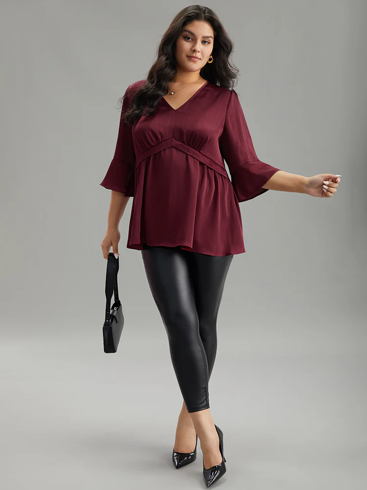 Anti-Wrinkle V Neck Gathered Ruffle Sleeve Blouse - Image 4