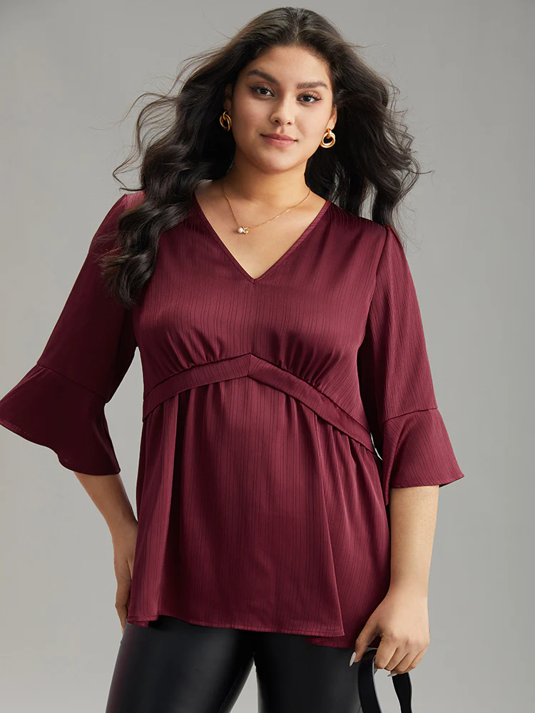 Anti-Wrinkle V Neck Gathered Ruffle Sleeve Blouse - Image 5
