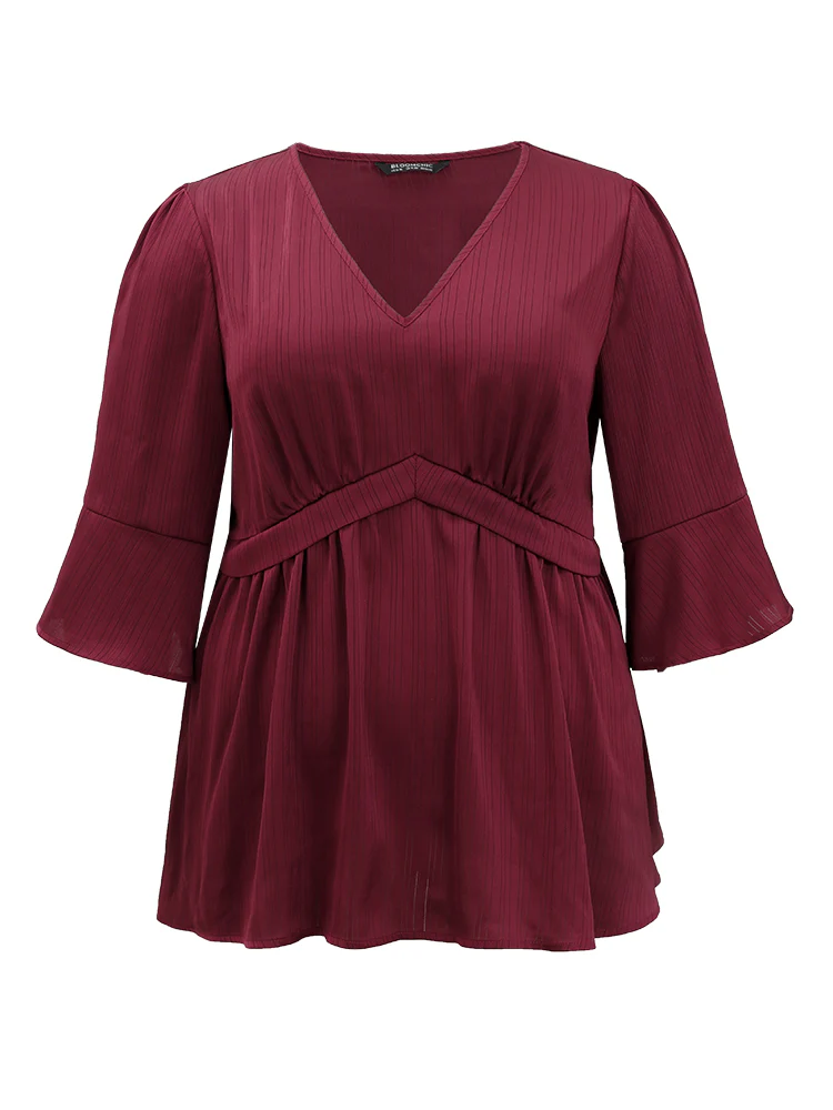 Anti-Wrinkle V Neck Gathered Ruffle Sleeve Blouse - Image 7