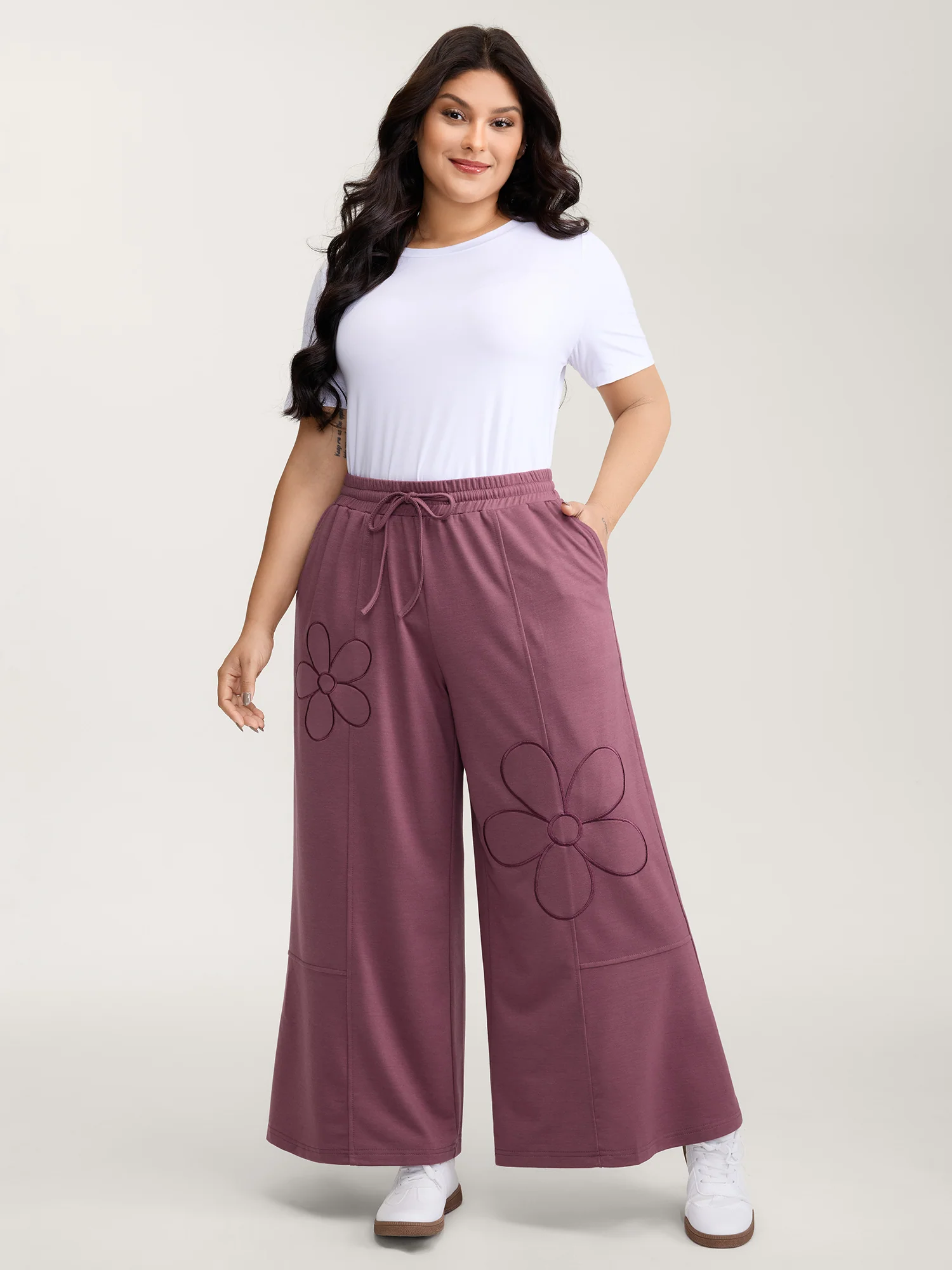 Applique Embroidery Drawstring Wide-Leg Pants - Image 2
