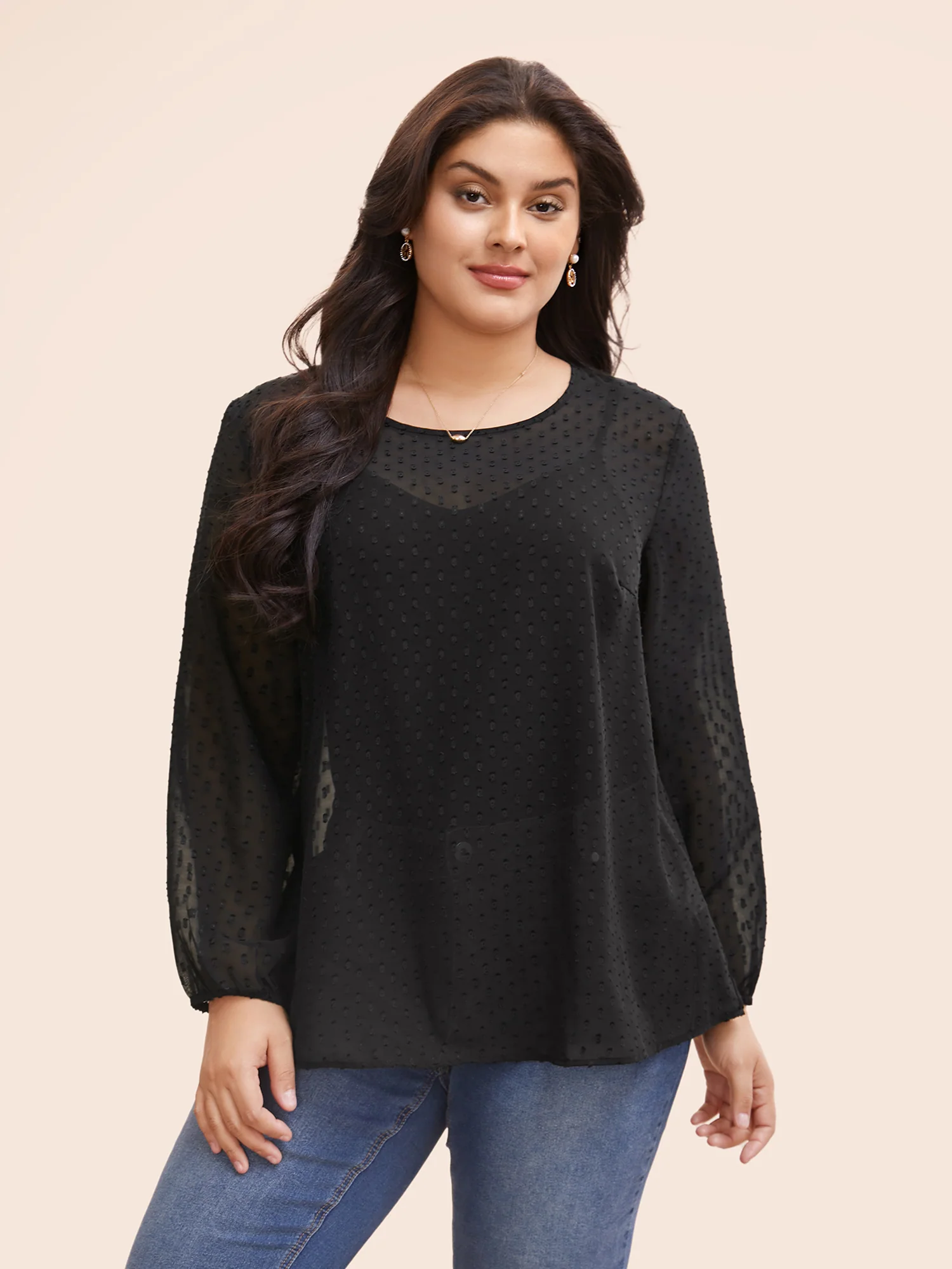 Appliques Mesh Round Neck Lantern Sleeve Blouse