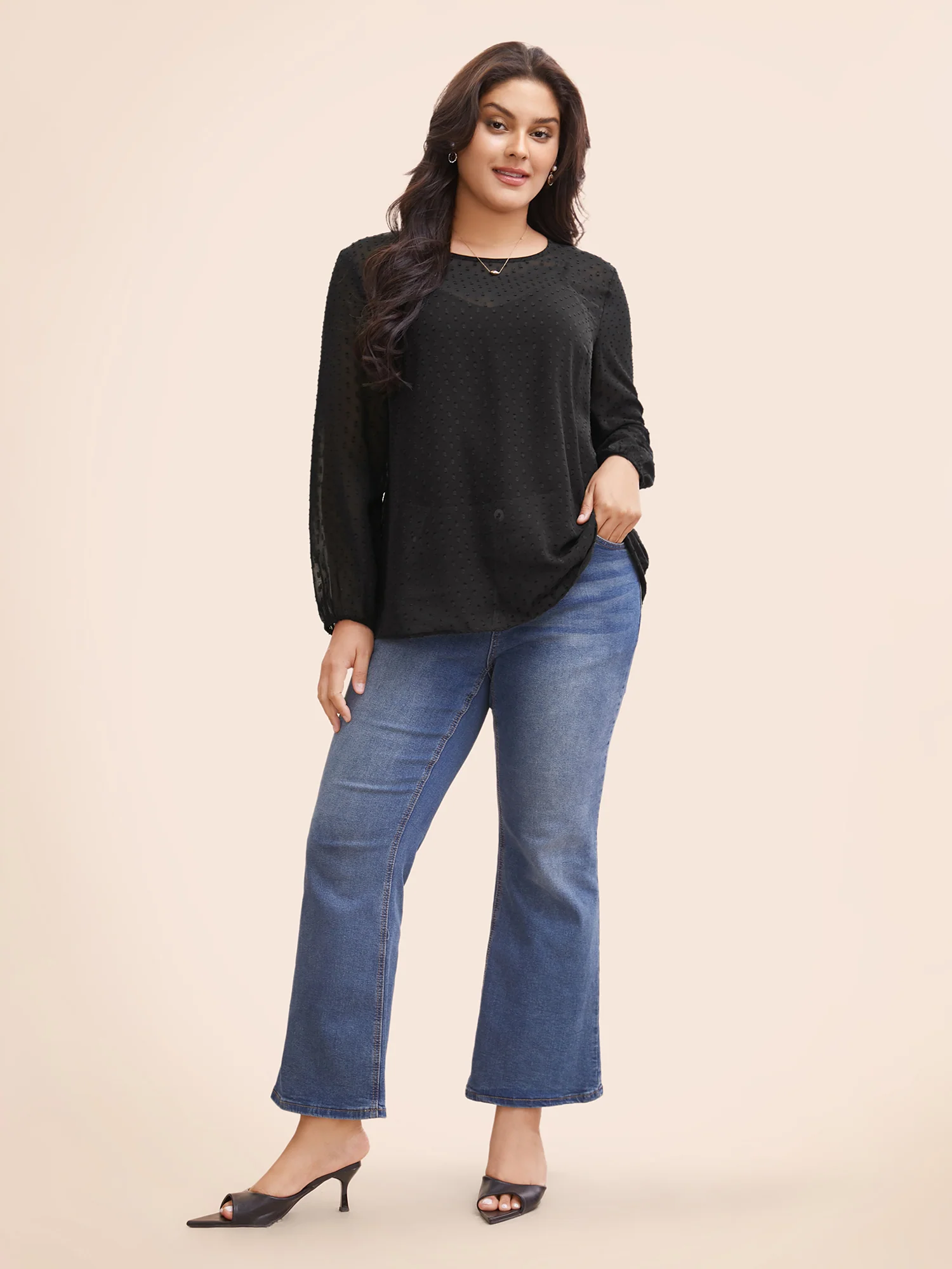 Appliques Mesh Round Neck Lantern Sleeve Blouse - Image 2