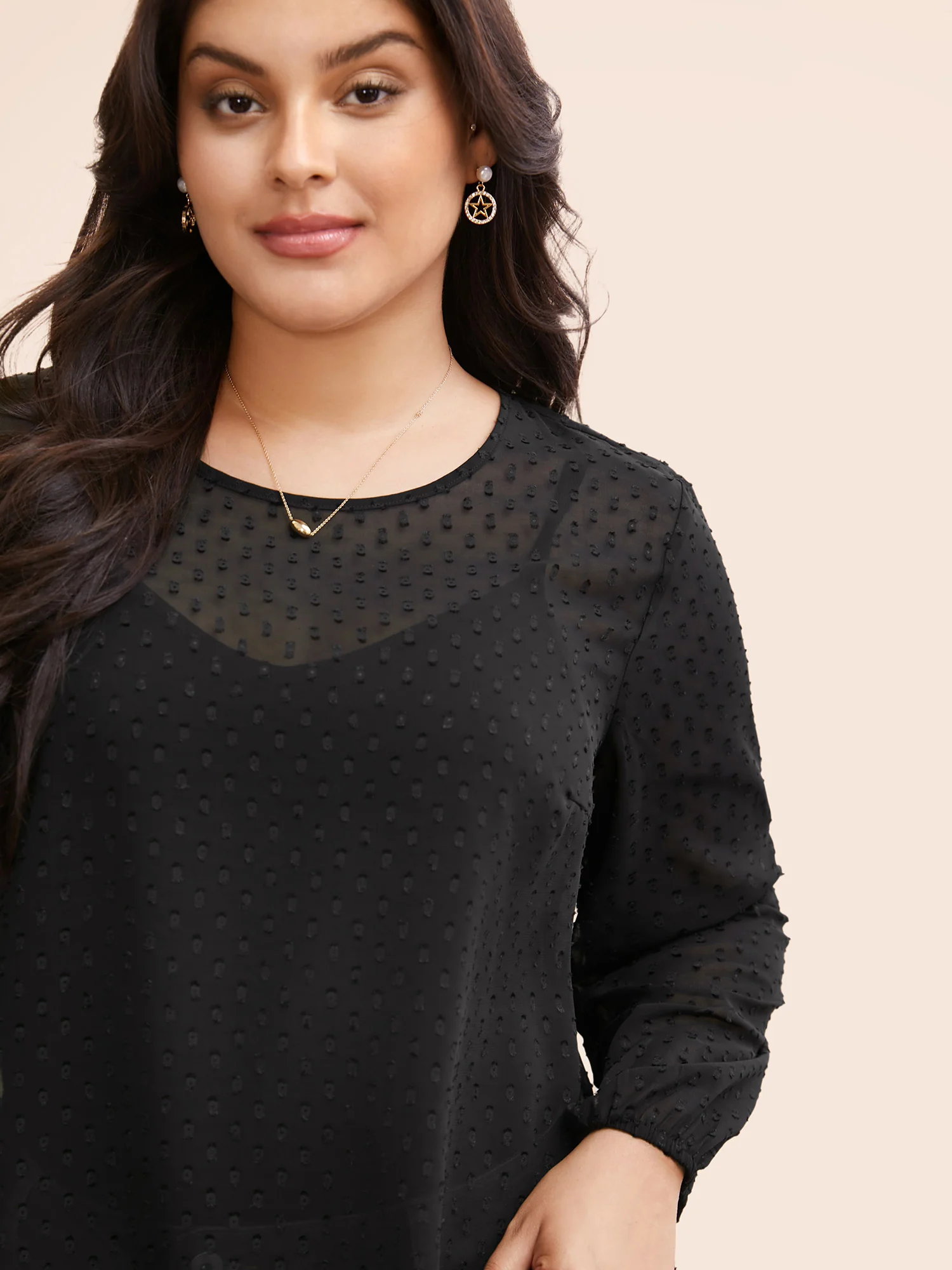 Appliques Mesh Round Neck Lantern Sleeve Blouse - Image 3